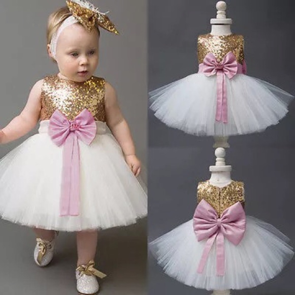 Gold and White Sequin Tulle Dress with Pink Bow